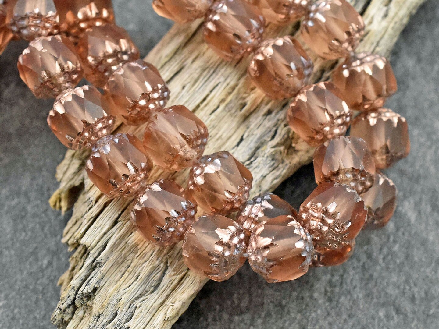 *15* 8mm Copper Washed Matte Peach Fire Polished Cathedral Beads