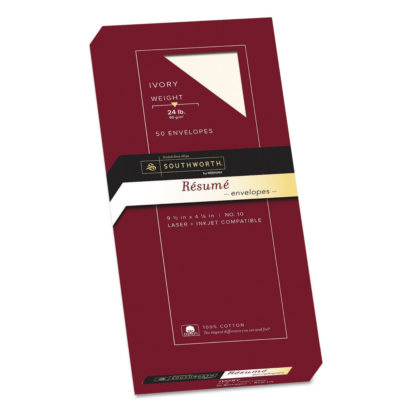 Southworth 100 Cotton Resume Envelope 10 Commercial Flap Gummed Closure 4.13 x 9.5 Ivory 50/Box