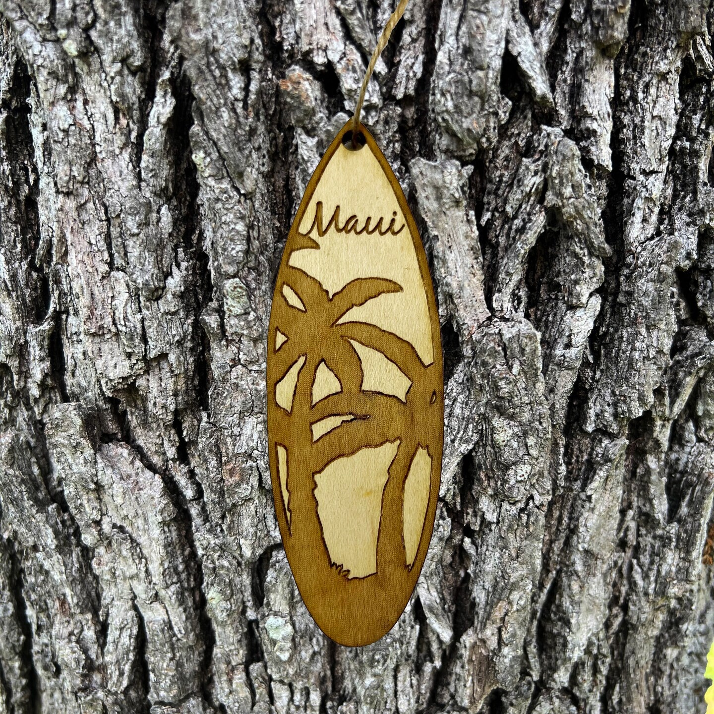 Ornament - Maui Palm Tree Surfboard - Raw Wood Maple Ornament - Maui Palm Tree Surfboard - Raw Wood Maple