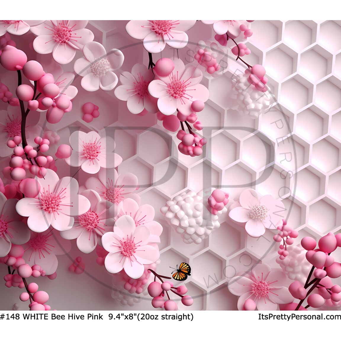 #148 WHITE- 20oz -Pink Bee Hive Wrap    9.4&#x22; x 8&#x22; Pattern Vinyl Wrap