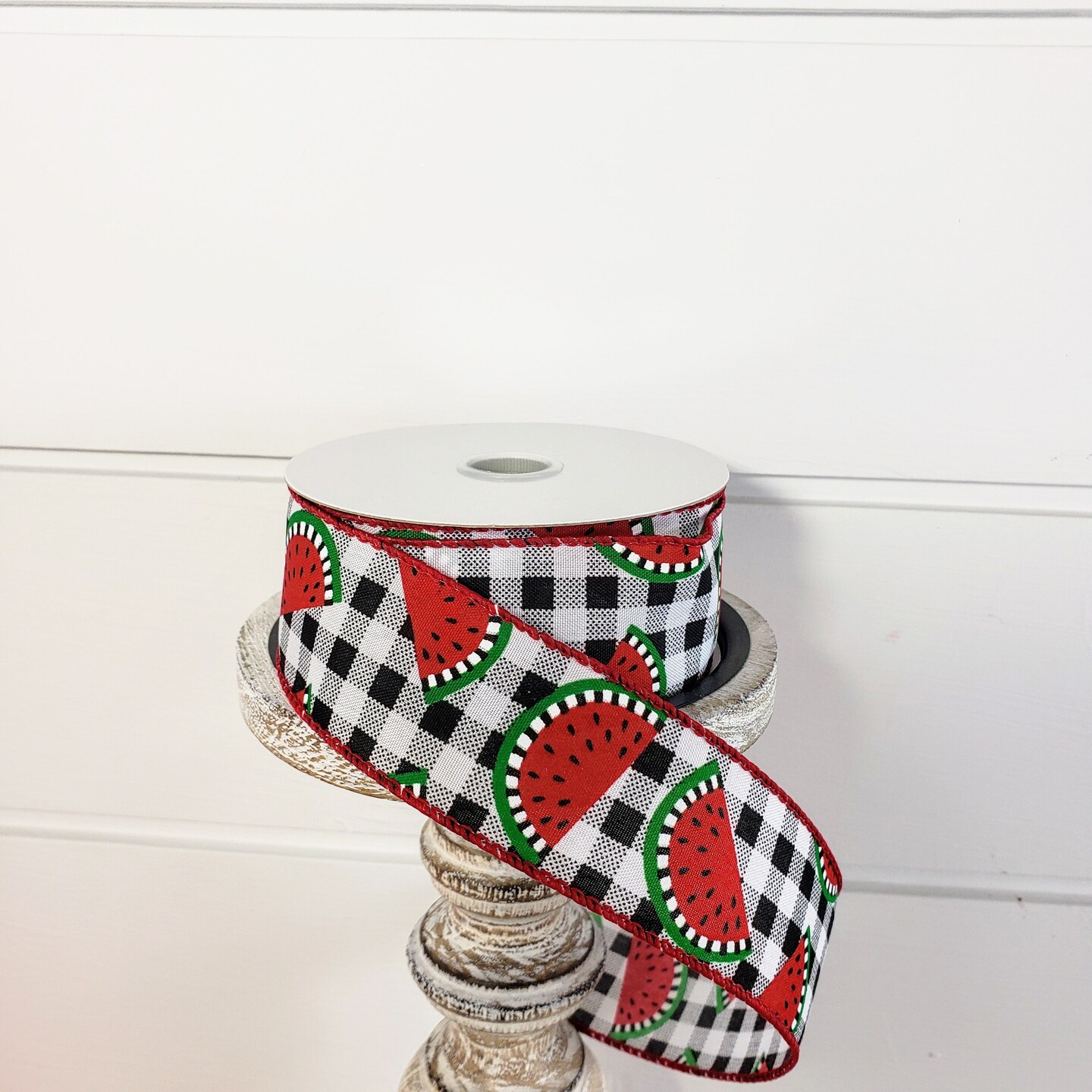 1.5&#x22;x10YD Wired Black/White Buffalo Plaid Ribbon with Watermelon Slices - Classic and Playful Design-RJ10609