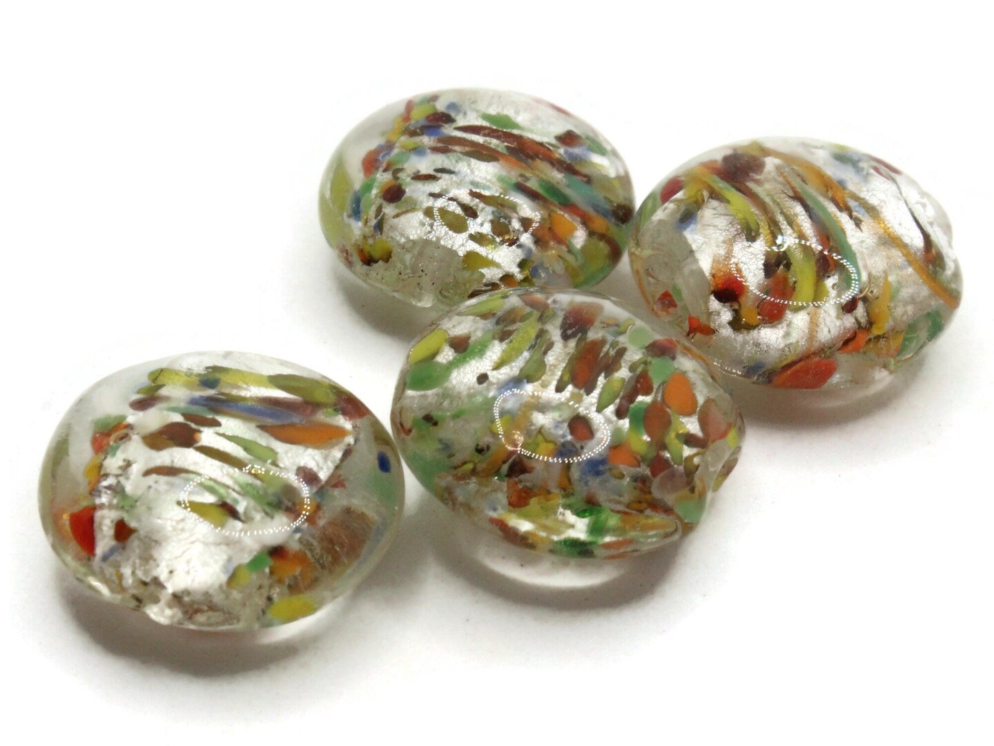4 21mm Clear Speckled Coin Flat Round Lampwork Glass Beads