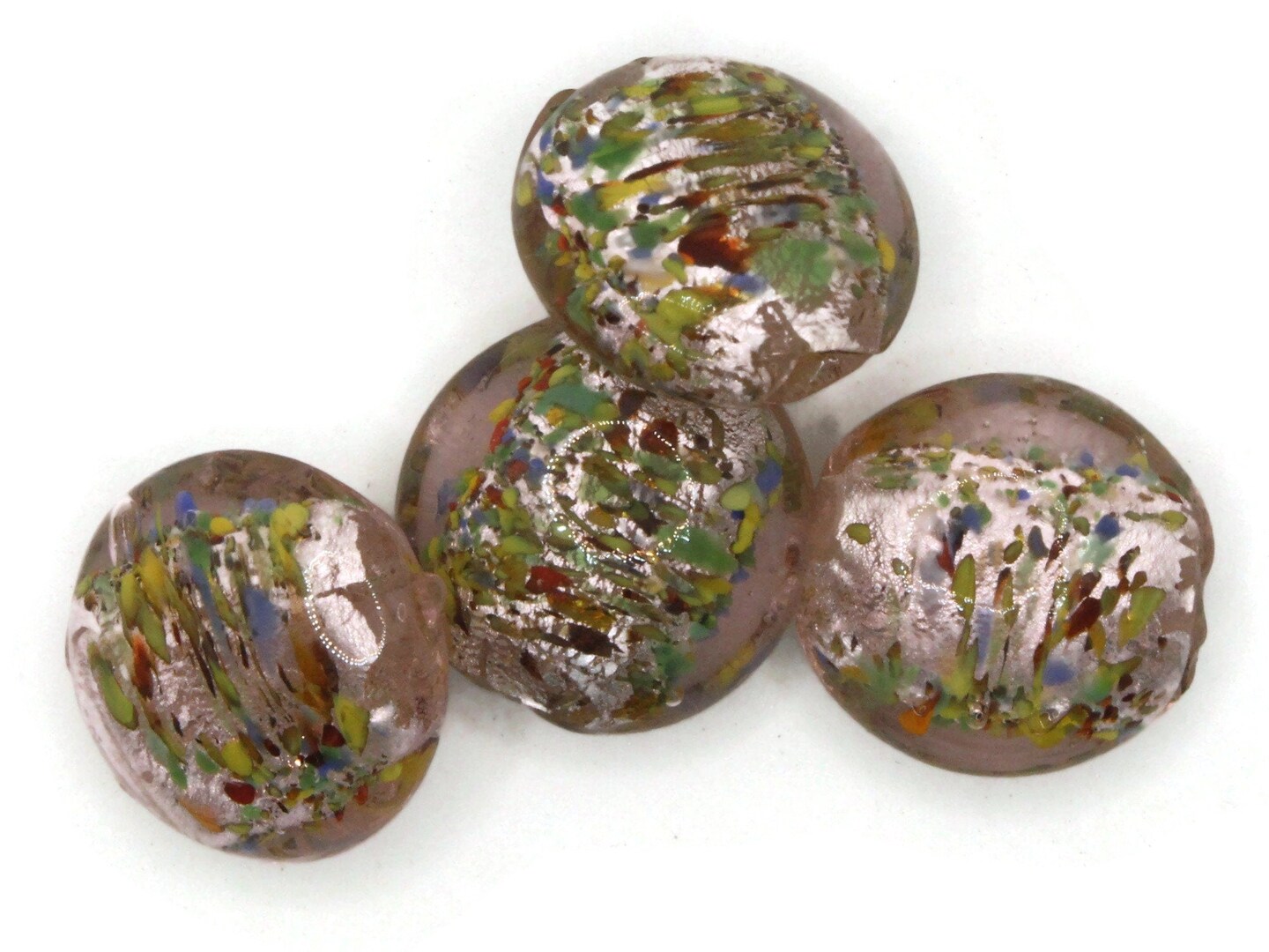 4 21mm Pink Speckled Coin Flat Round Lampwork Glass Beads