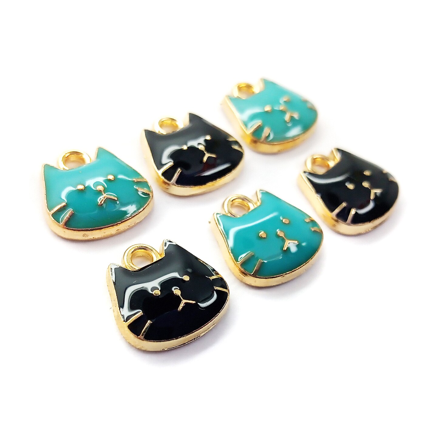 Cute Cat Charms, Set of 6, Black and Aqua Kitten Charms, Adorabilities
