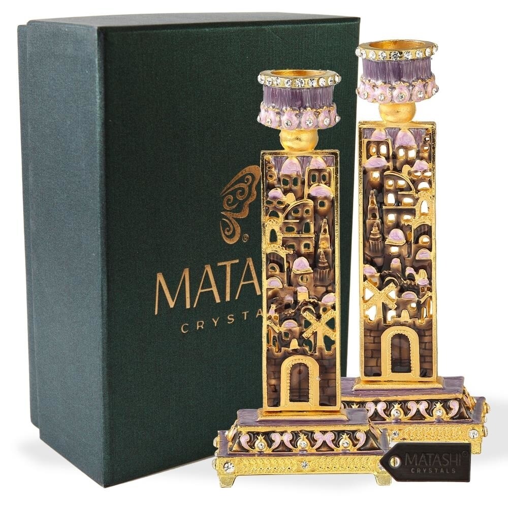 Shabbat Candlestick (2-Piece Set) Hand-Painted Gold-Plated Pewter Tall Vintage Craftsmanship Adorned W/ City Wall