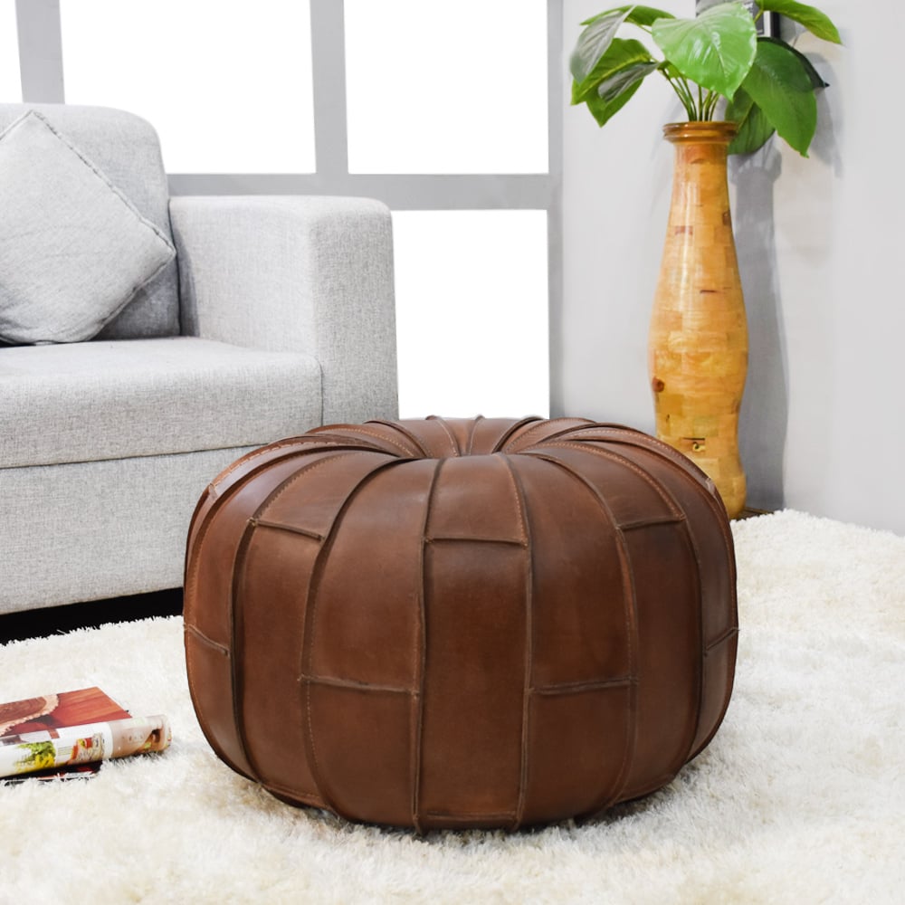 Toffee Colored Round Natural Leather Pouf 22x14inches Leather