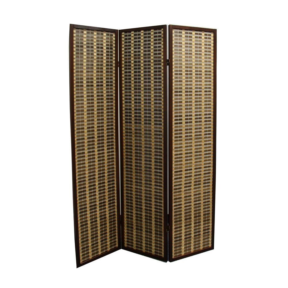 Saltoro Sherpi Bamboo and Wood Two Tone 3 Panel Room Divider, Dark Brown-