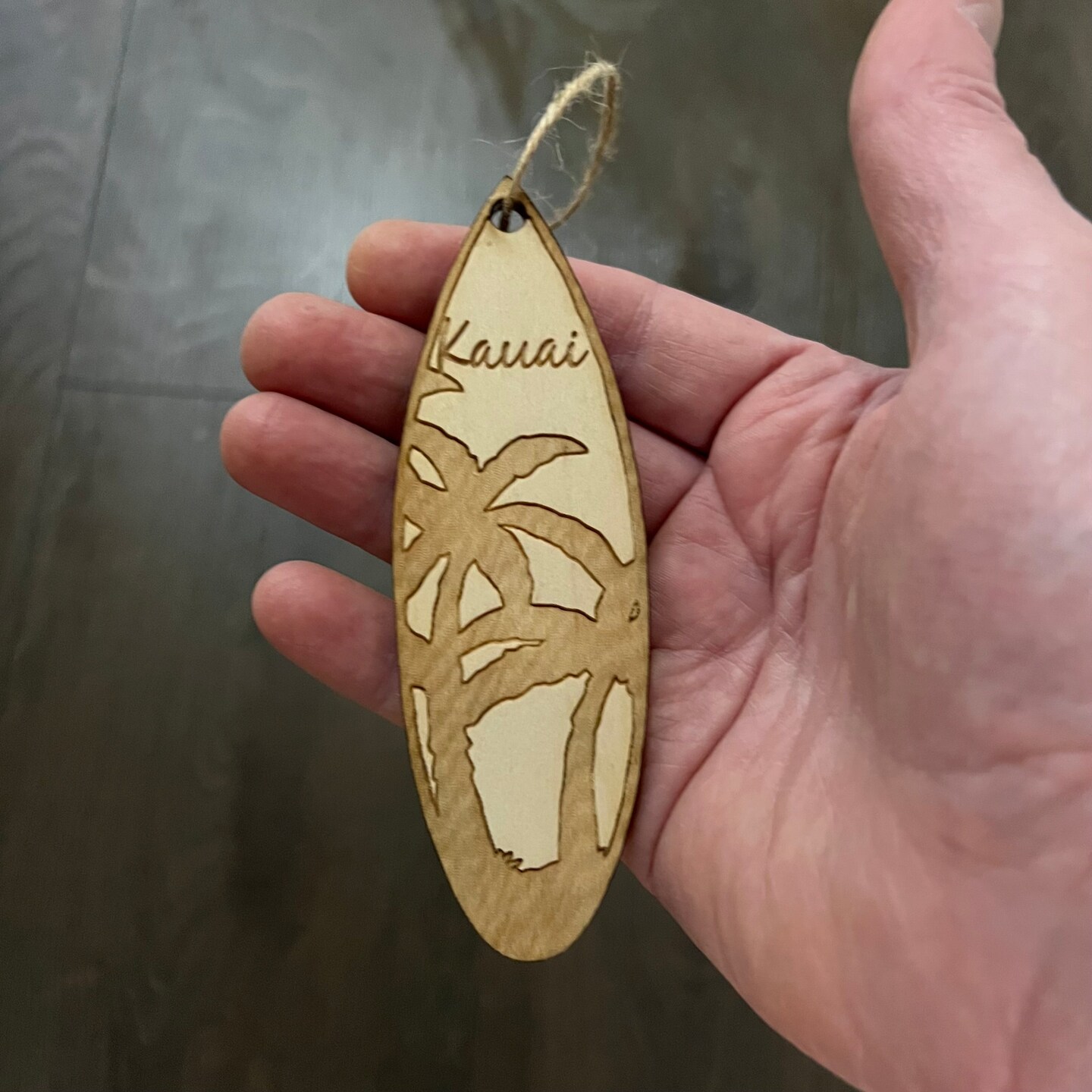 Ornament - Kauai Palm Tree Surfboard - Raw Wood Maple Ornament - Kauai Palm Tree Surfboard - Raw Wood Maple