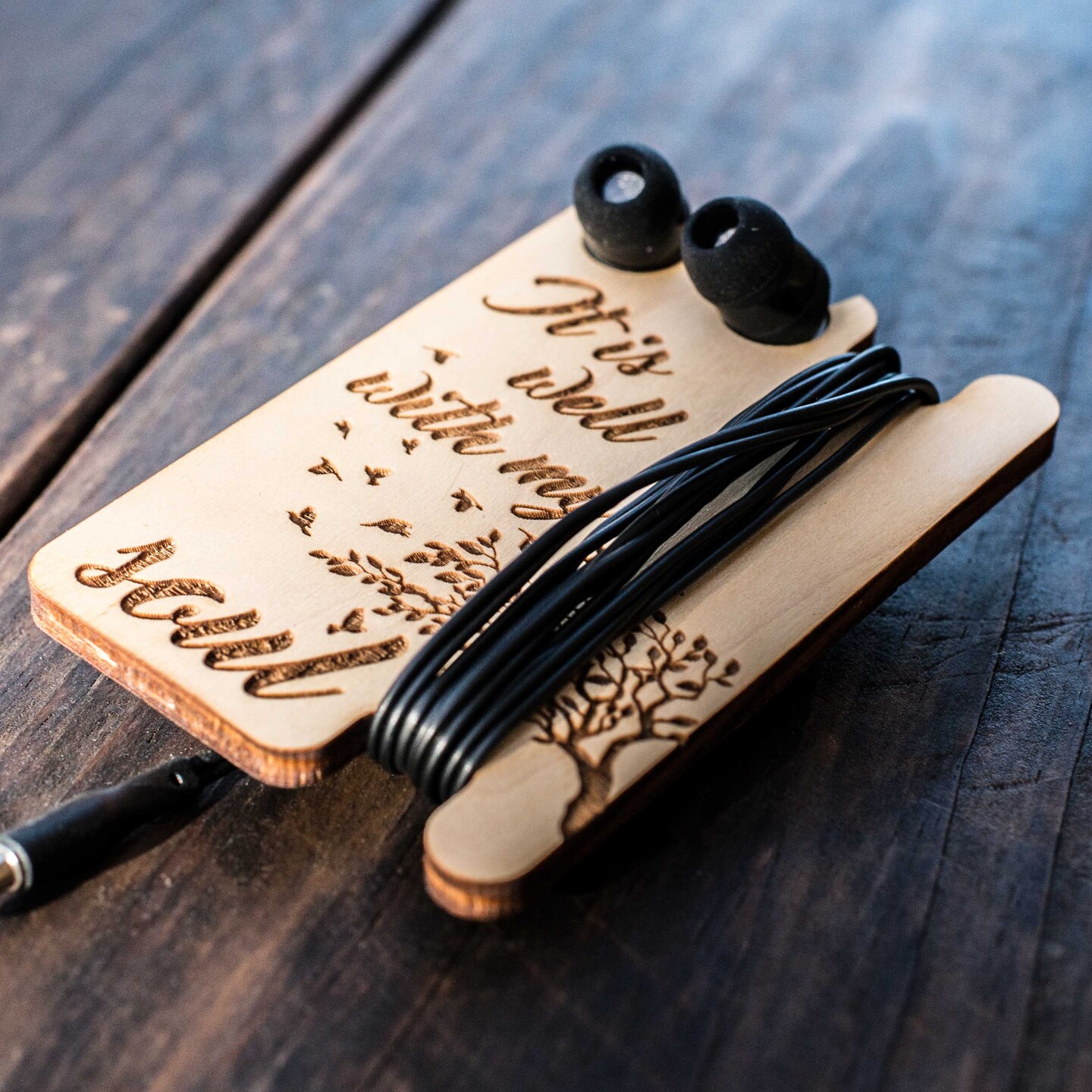Ear Bud Holder - It&#x27;s Well With My Soul - Raw Wood - 2.5x3.7in