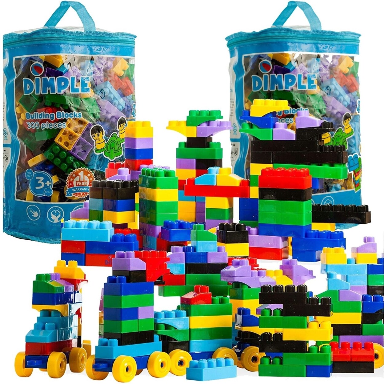 Dimple (2 Set)   300 Pieces Soft Kid-Friendly Plastic Multicolored Building Block Set with Wheeled Train Pieces Gift for