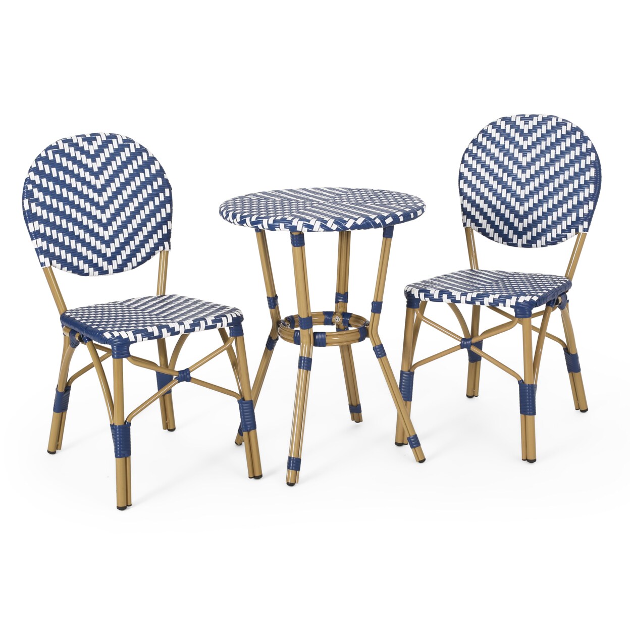 GDFStudio Deshler Outdoor Aluminum French Bistro Set Navy Blue White and Bamboo Finish