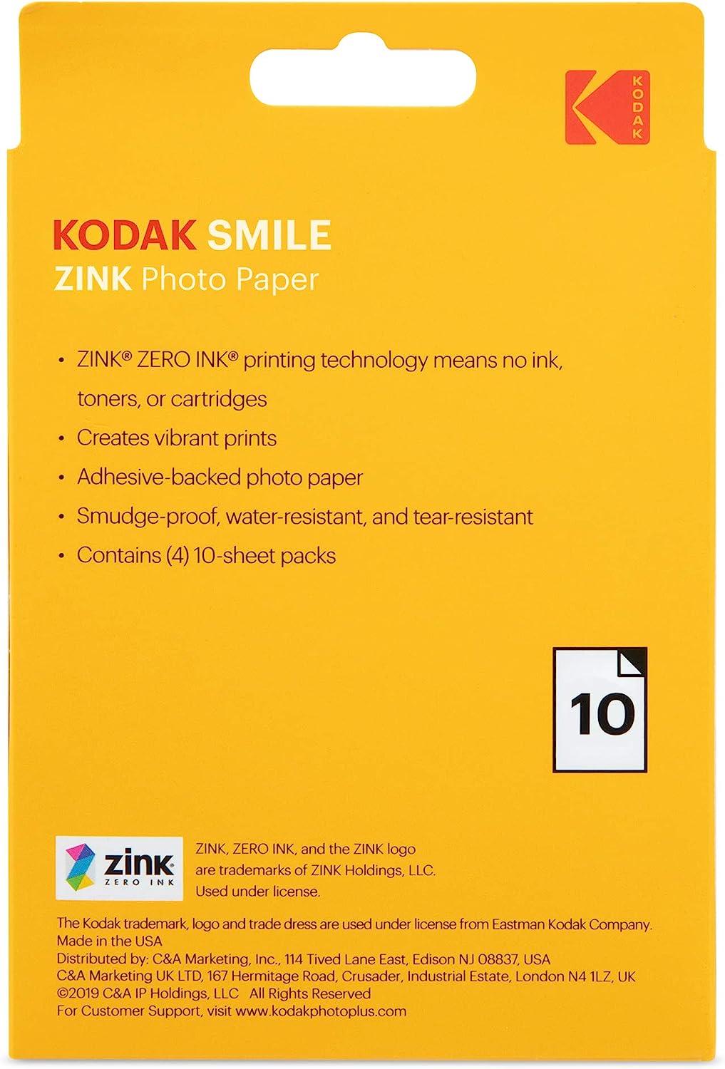 Kodak Zink Photo Paper 3.5x4.25&#x22;, Zink Paper Compatible with Kodak Smile Classic Instant Camera