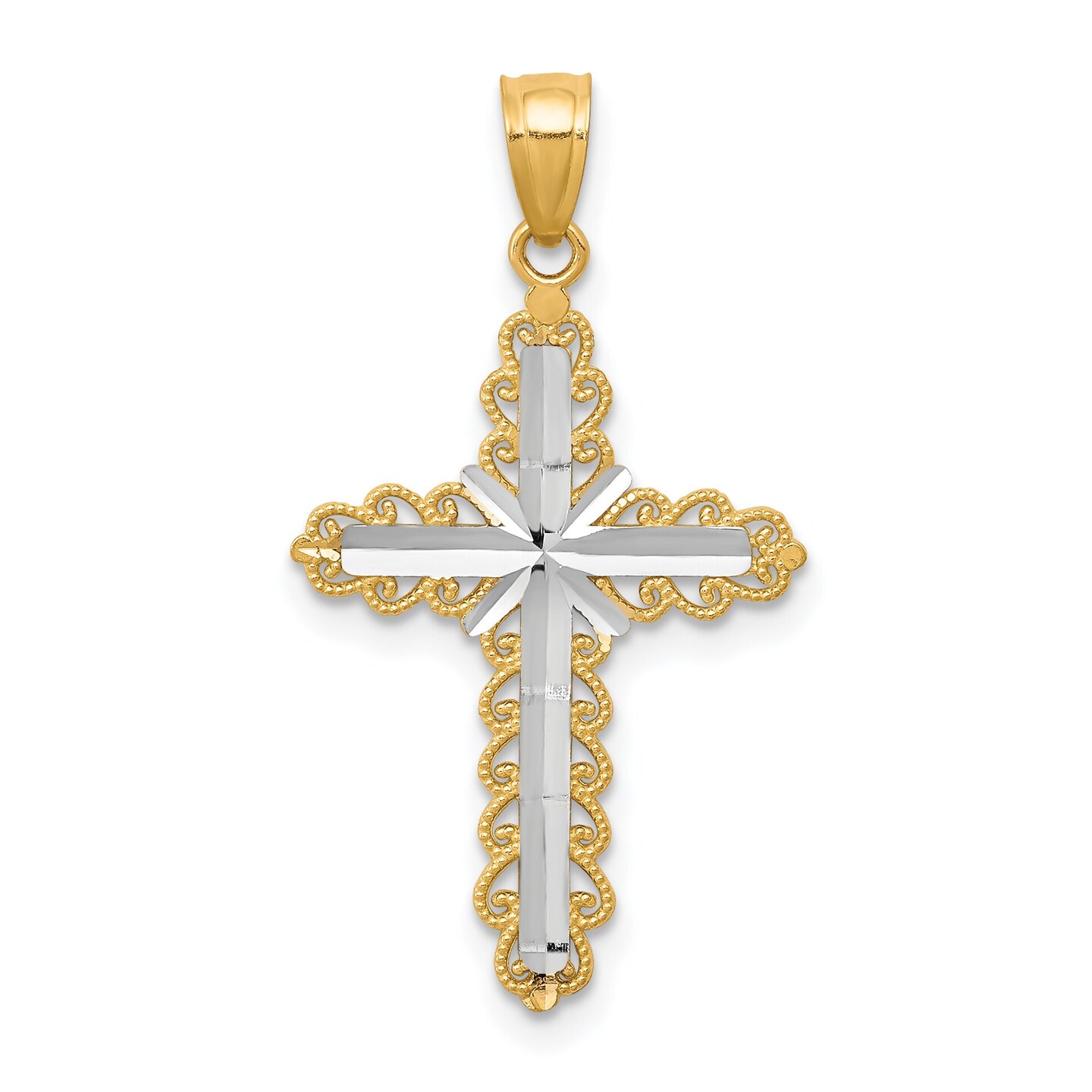 10K Gold & Rhodium Plated Diamond Cut Cross Pendant Jewelry Charm 30 x 16mm