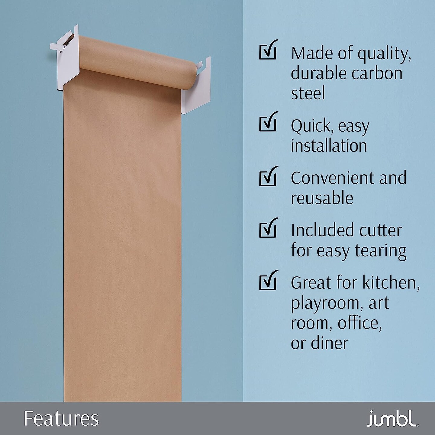 Jumbl Wall Mounted Kraft Paper Dispenser, Hanging Craft Paper Roll Holder with Paper Cutter (White)