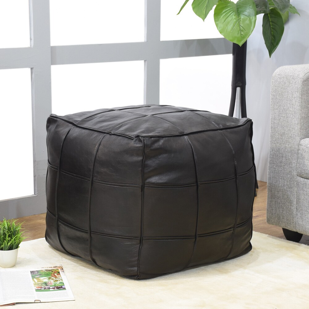 Bbh Homes Black Leather Pouf Ottoman Square Shape Model Bbbacpf0022