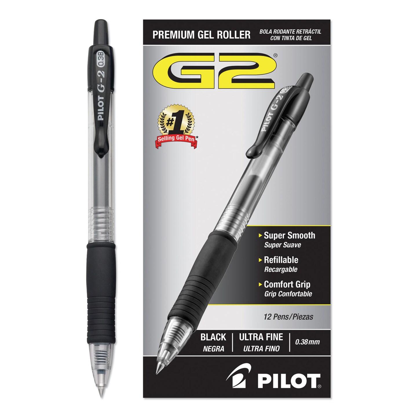 Pilot G2 Premium Retractable Gel Pen 0.38mm Black Ink Clear/Black Barrel Dozen