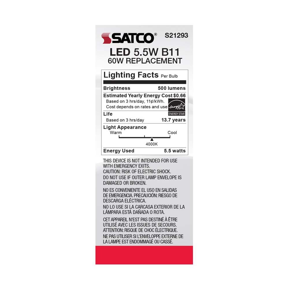 6Pk - Satco 5.5w B11 LED 4000K Medium Base Frosted Dimmable - 60w equiv