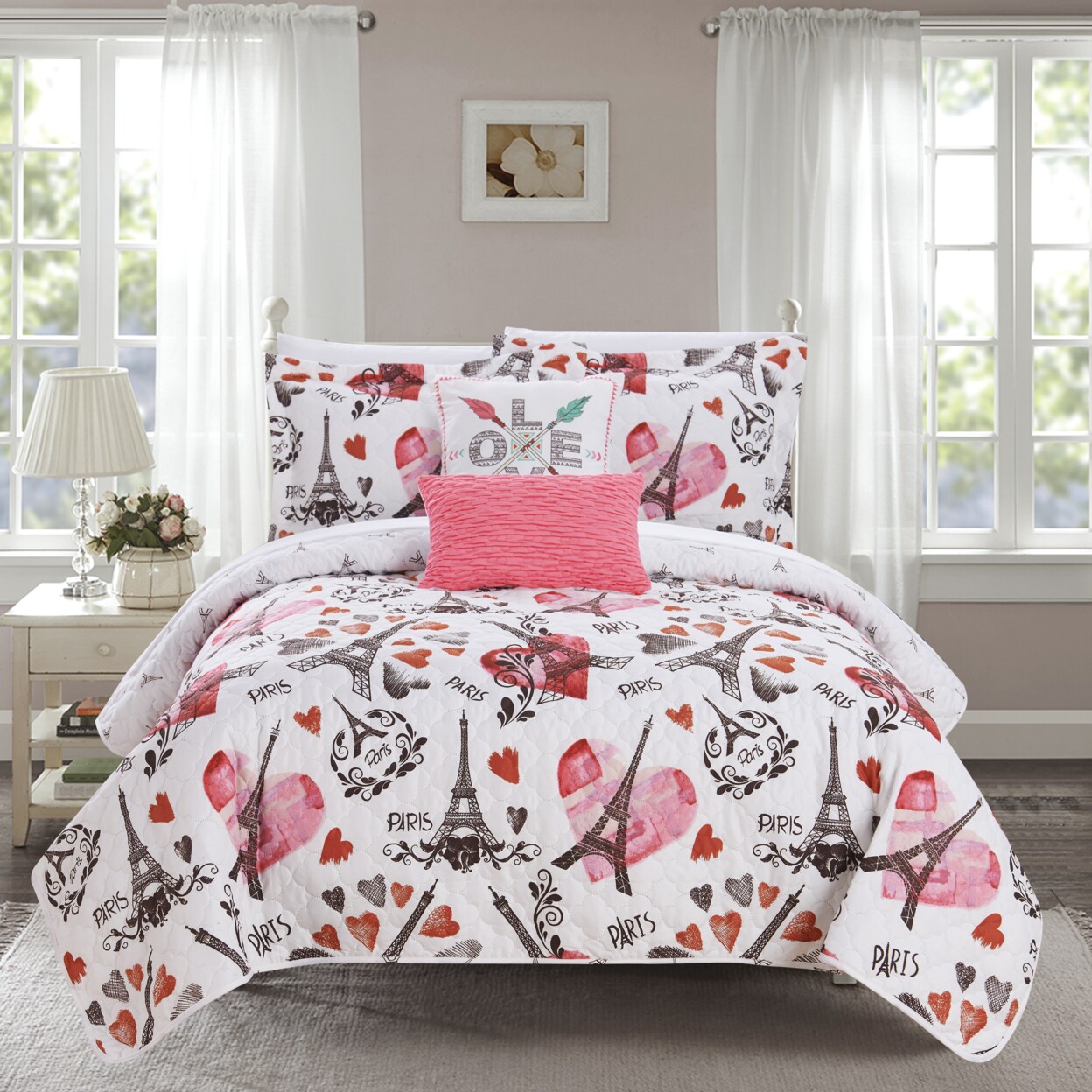 Chic Home Alphonse 5 or 4 Piece Reversible Quilt Set &#x22;Paris Is Love&#x22; Inspired Printed Design Coverlet Bedding