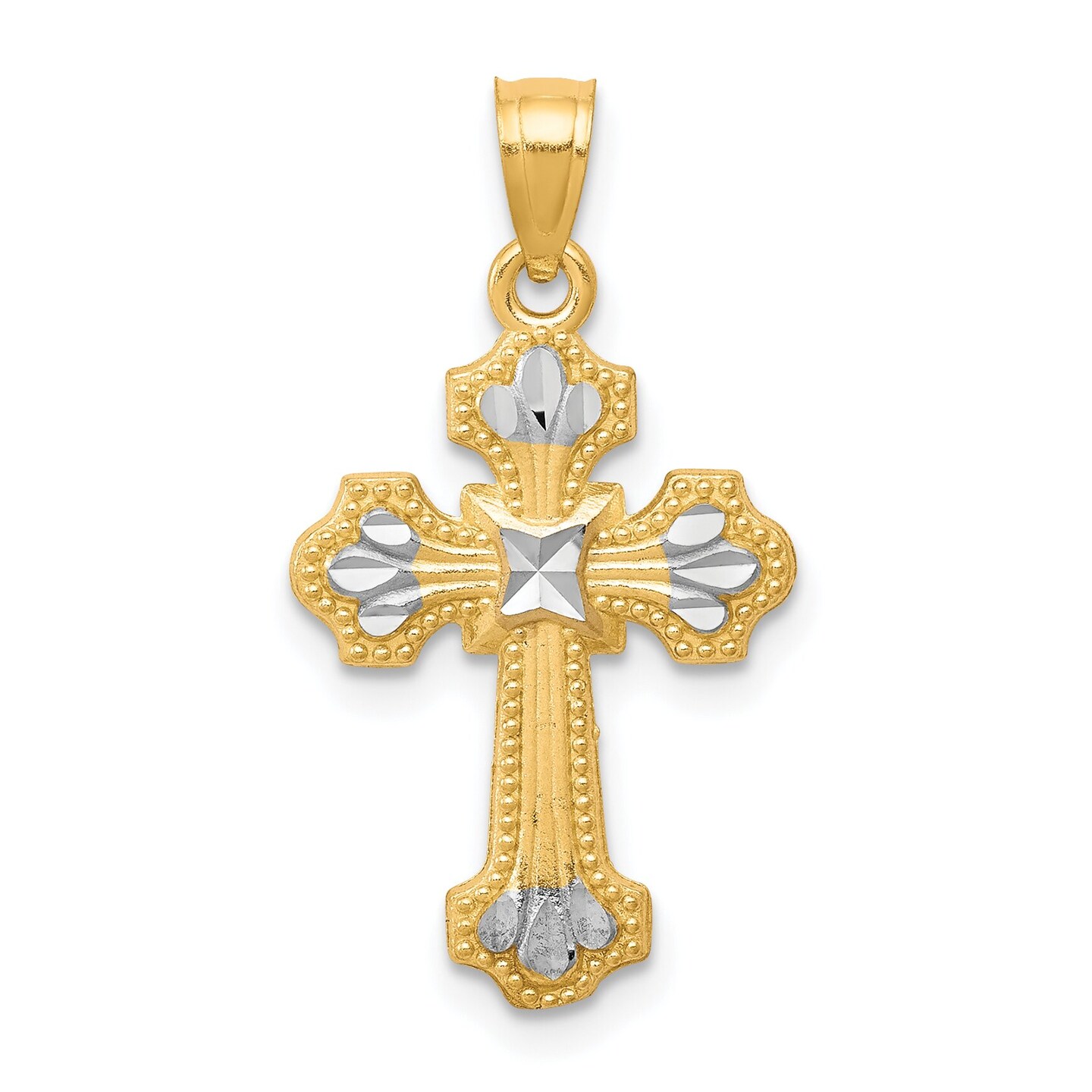 10K Gold & Rhodium Plated Diamond Cut Cross Pendant Charm Jewelry 25 x 13mm