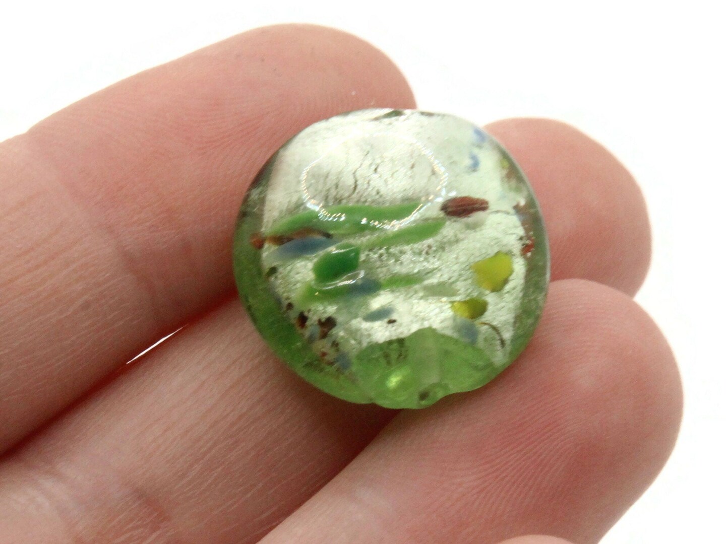 4 21mm Green Speckled Coin Flat Round Lampwork Glass Beads