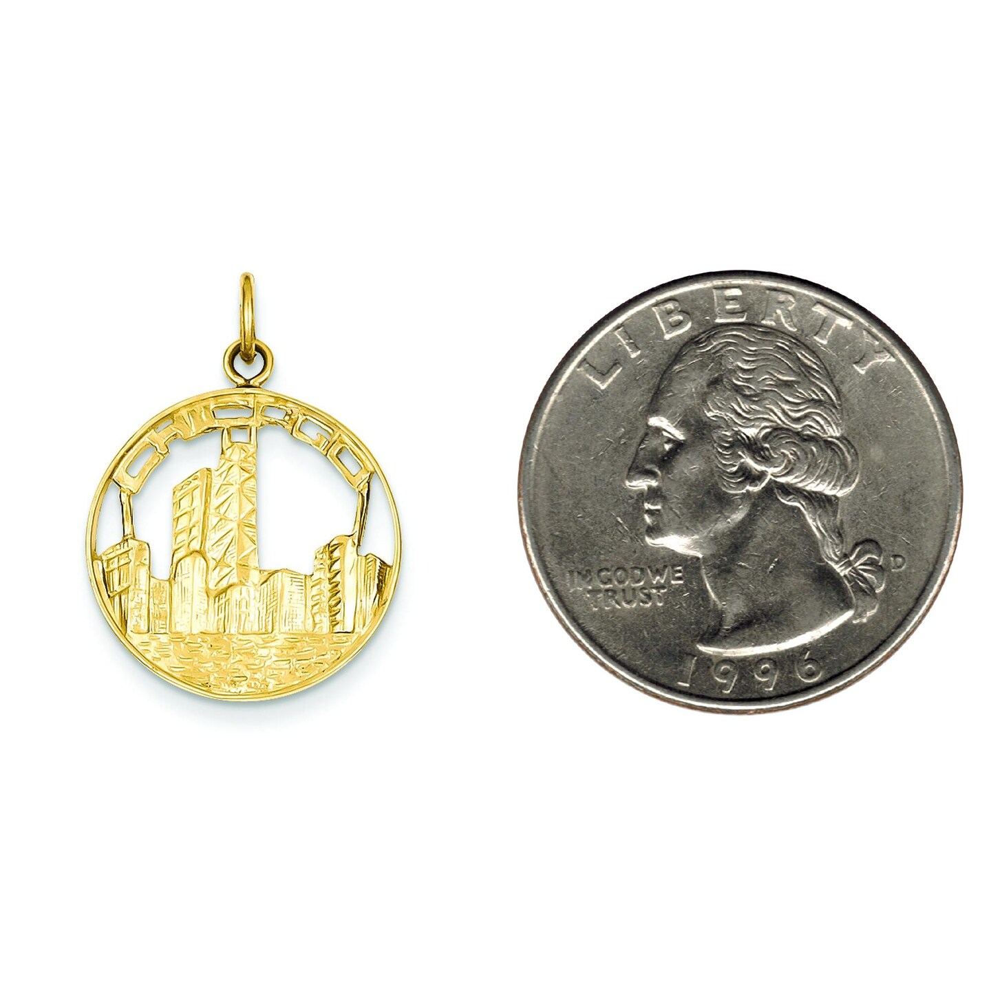 14K Yellow Gold Chicago Skyline Charm Jewelry Pendant 24.5mm x 18mm