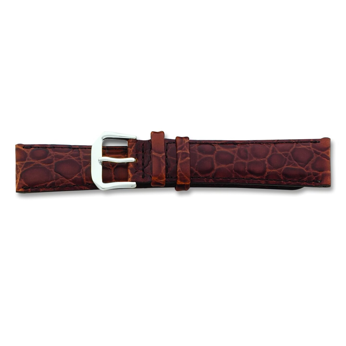 de Beer Brown Alligator Grain Leather Watch Band 20mm Long Silver Color