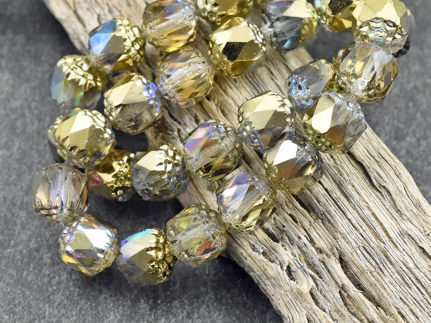 *15* 8mm Gold Washed Crystal AB Fire Polished Cathedral Beads