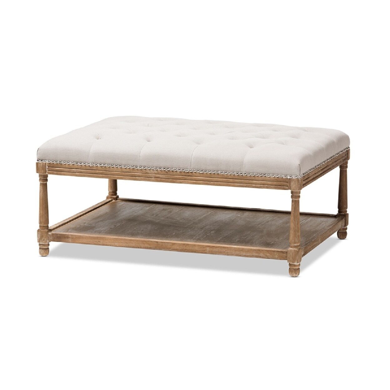 Wholesale Interiors Baxton Studio Carlotta French Country Weathered Oak Beige Linen Rectangular Coffee Table Ottoman