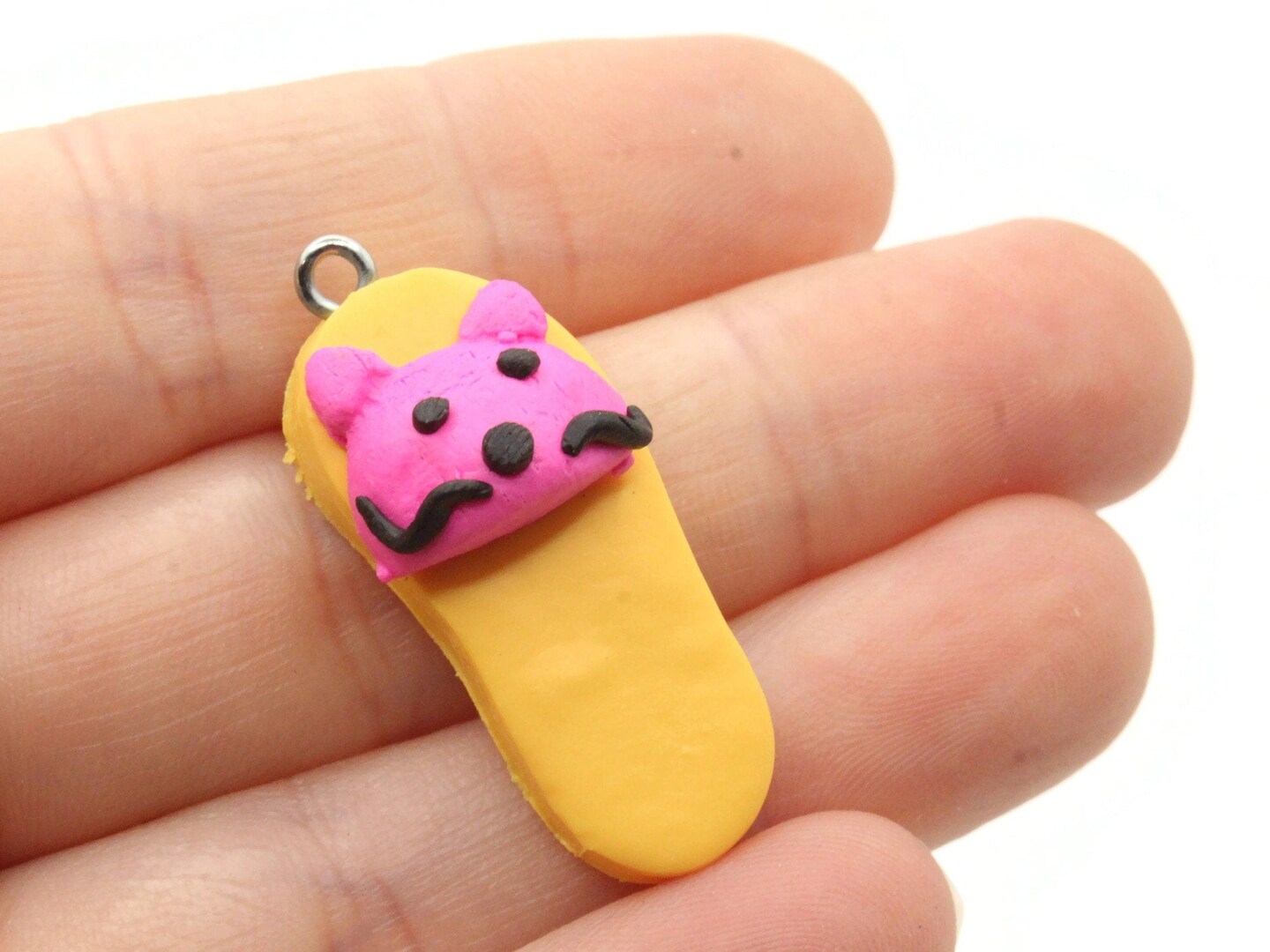 5 34mm Yellow and Pink Kitty Cat Polymer Clay Miniature Slipper Charms