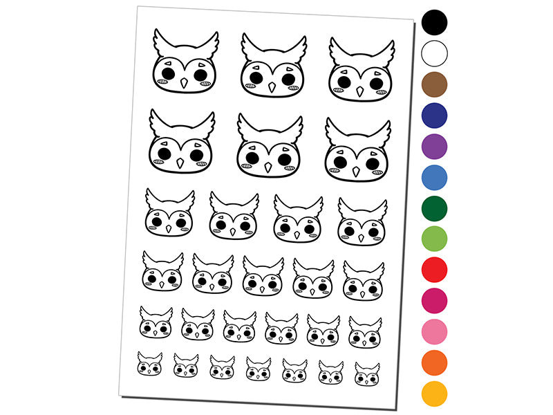 Charming Kawaii Chibi Owl Face Blushing Cheeks Great Horned Temporary Tattoo Water Resistant Set Collection