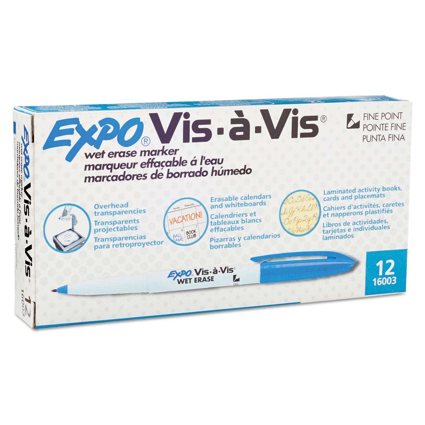 Expo Vis-à-Vis Wet Erase Marker Fine Bullet Tip Blue Dozen