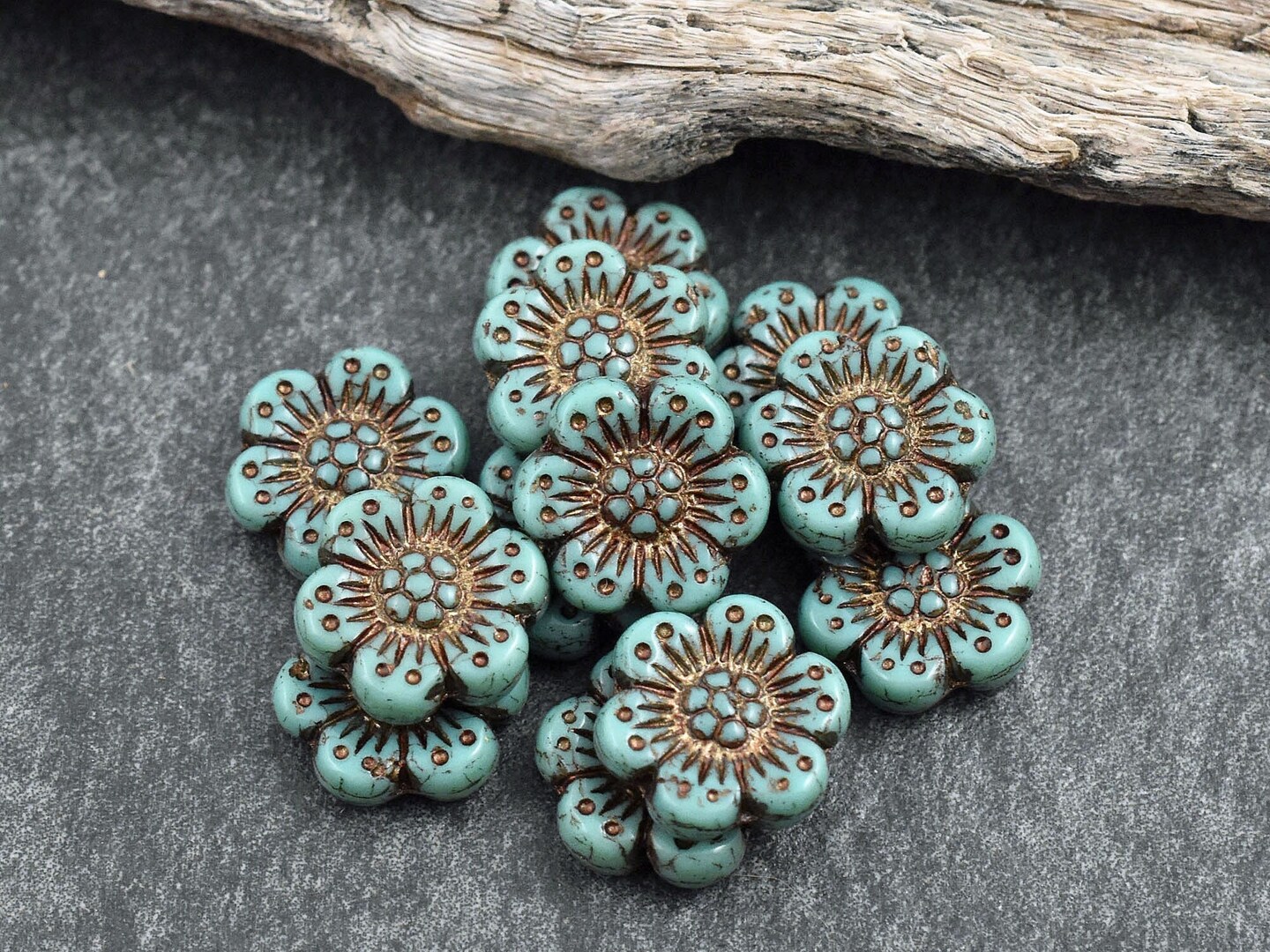 *12* 14mm Dark Bronze Washed Turquoise Wildflower Beads