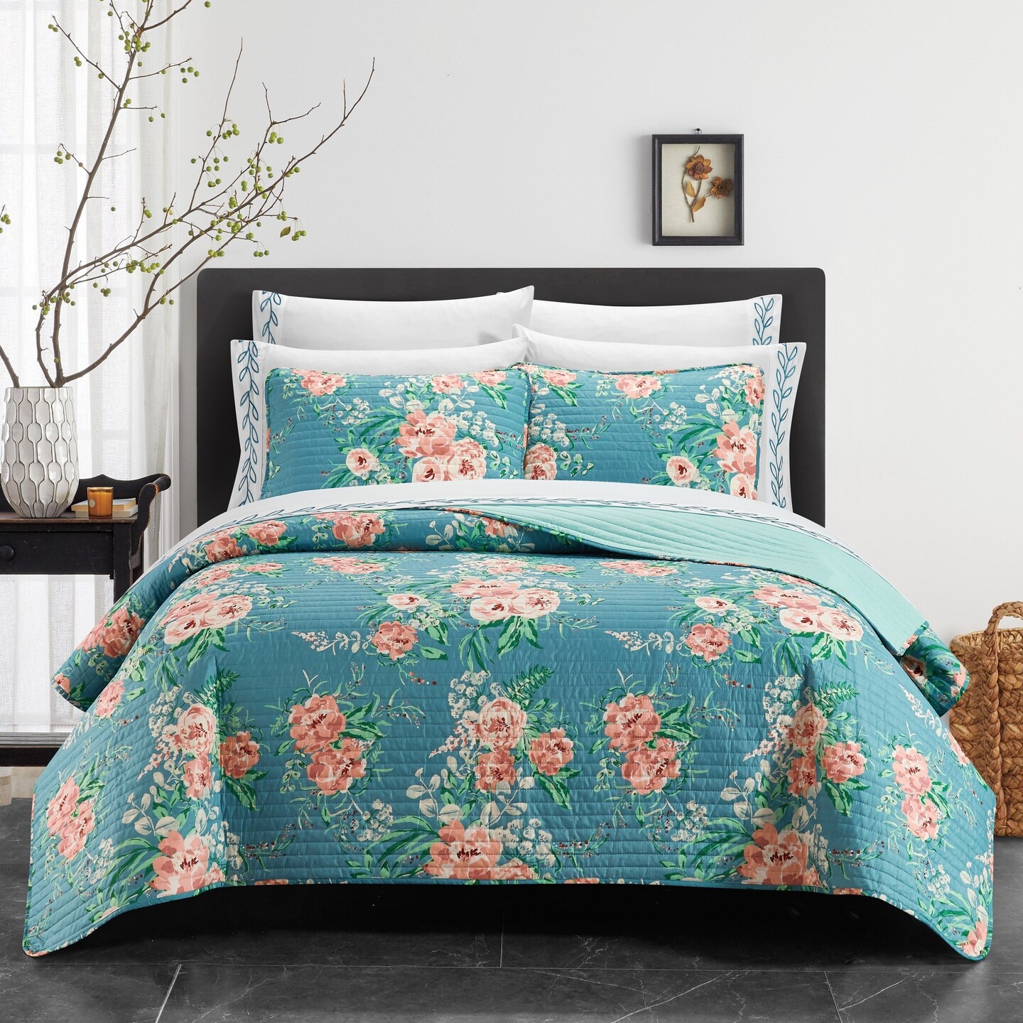 Chic Home Palm Spring 9 or 6 Piece Quilt Set Watercolor Floral Pattern Print Bed In A Bag