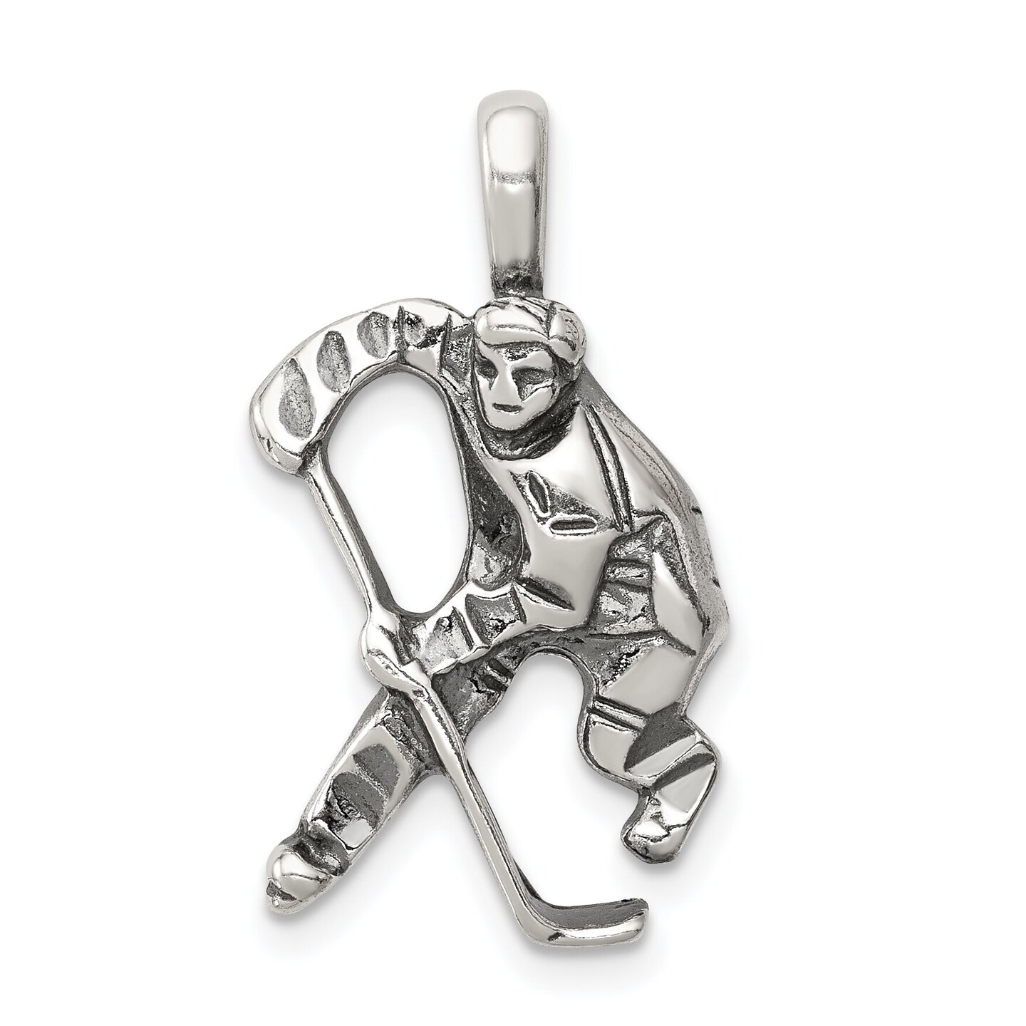 Sterling Silver Antiqued Hockey Player Charm Pendant Jewerly 25mm x 15mm