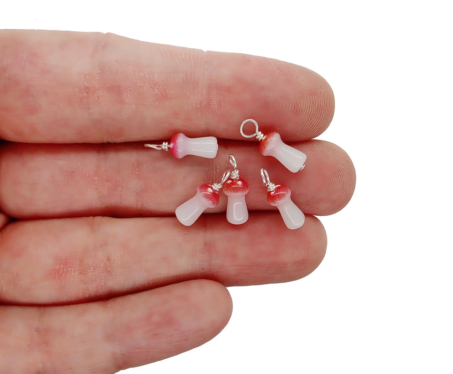 Tiny Mushroom Charms, 10 pieces, Miniature Fly Agaric Glass Bead Dangles, Adorabilities