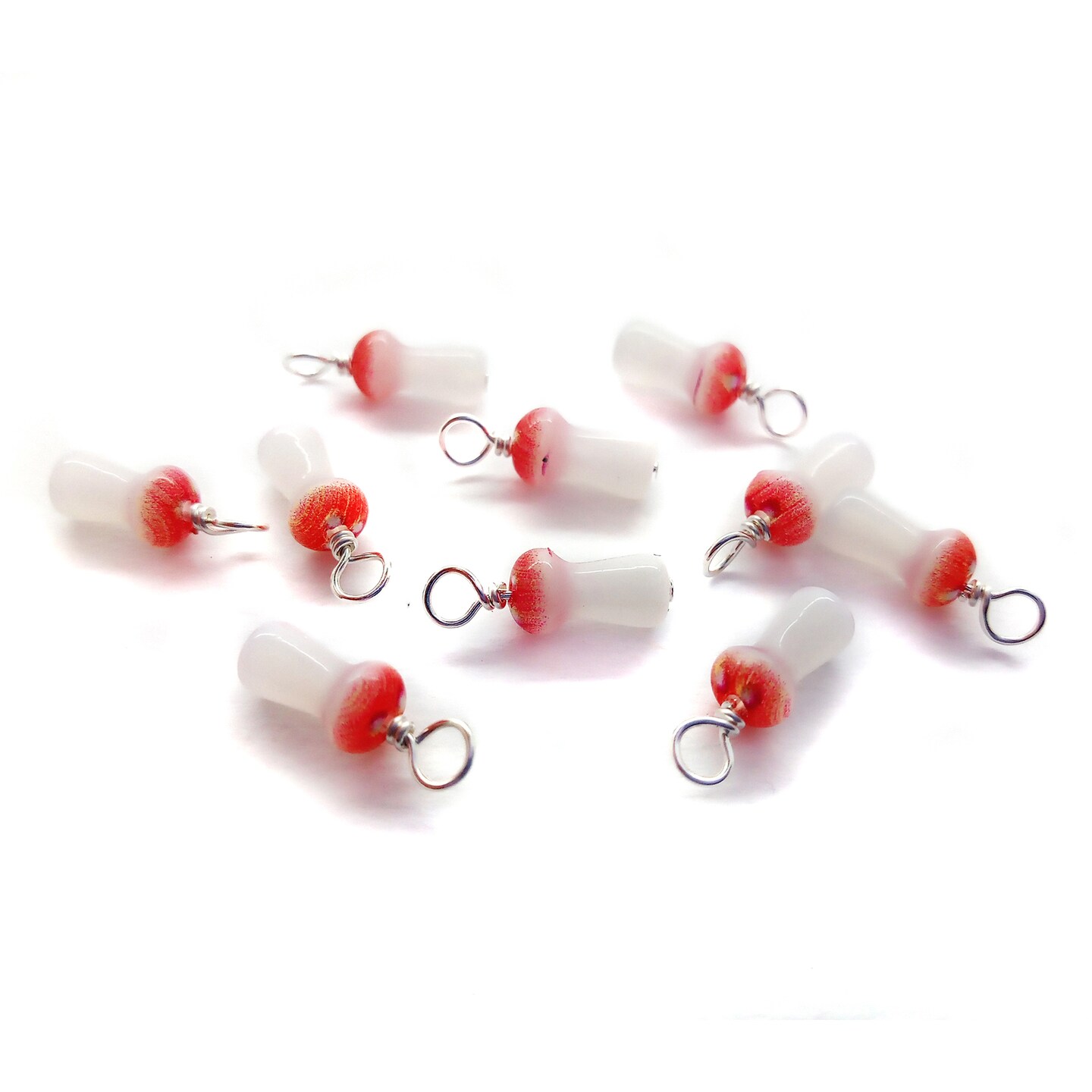 Tiny Mushroom Charms, 10 pieces, Miniature Fly Agaric Glass Bead Dangles, Adorabilities