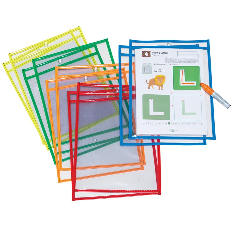 Dry Erase Pockets, 5 Assorted Bright Colors, 10" x 131/2", 10 Pockets