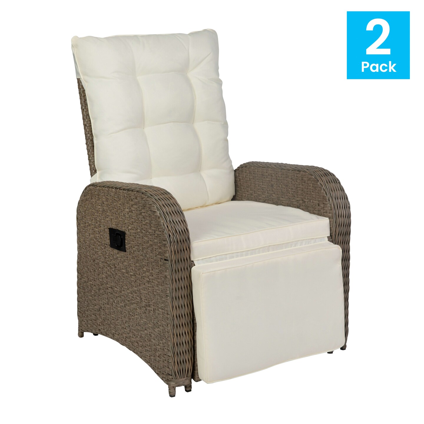 Merrick Lane Selci Set of 2 Modern Style Patio Wicker Rattan Indoor/Outdoor Recliner Lounge Chairs with Side Tables and Adjustable Backs