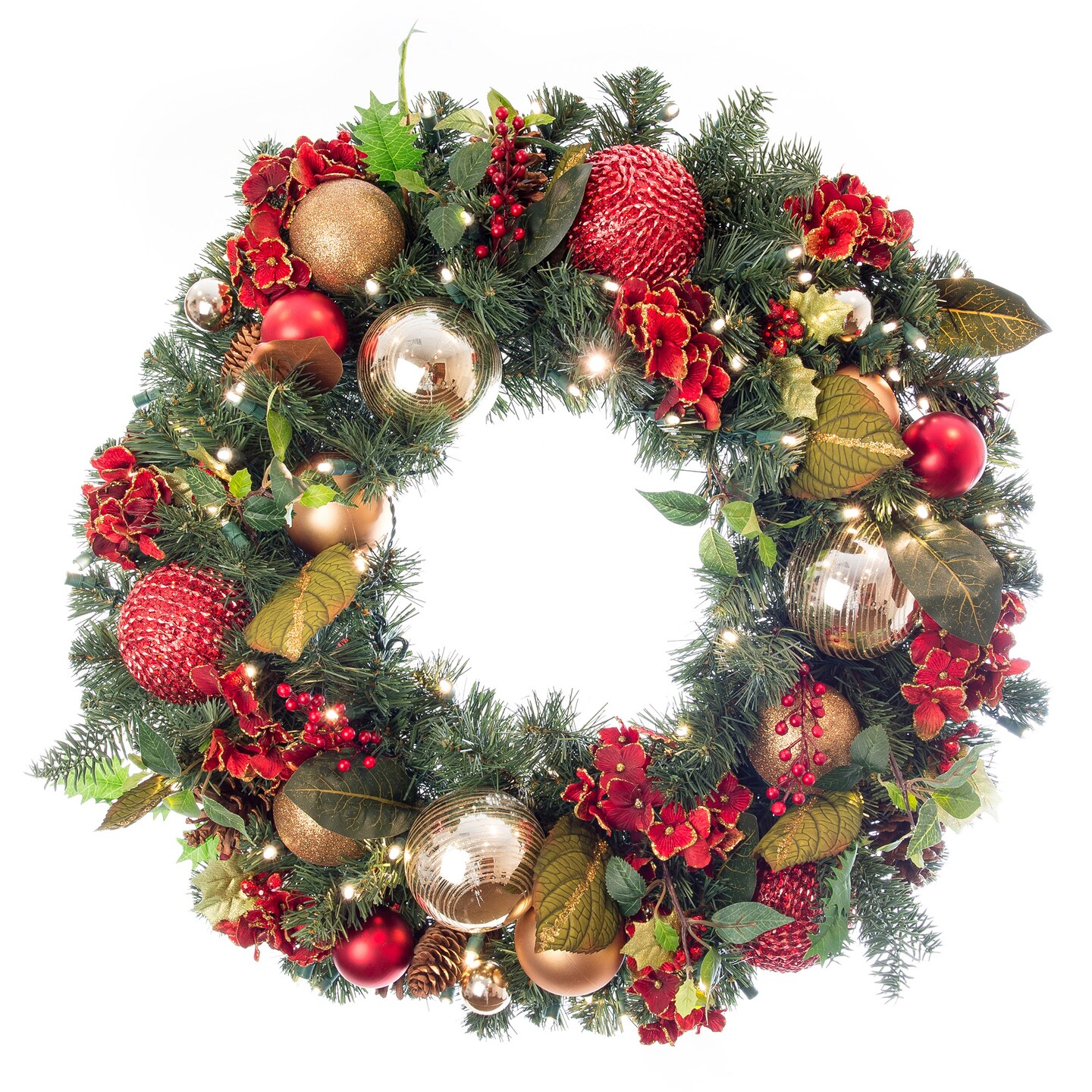 30 in. Lighted Christmas Wreath - Scarlet Hydrangea