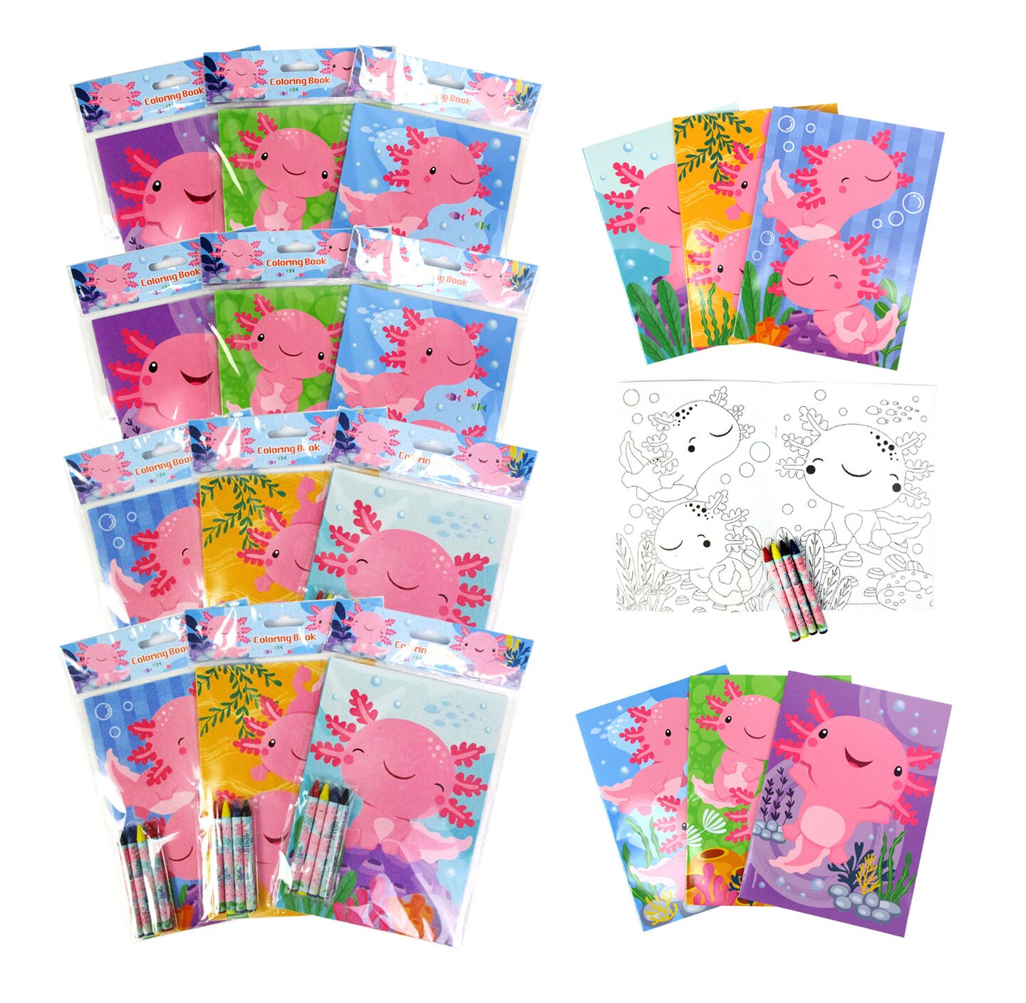 TINYMILLS Axolotl Coloring Book Set with 12 Coloring Books and 48 Crayons