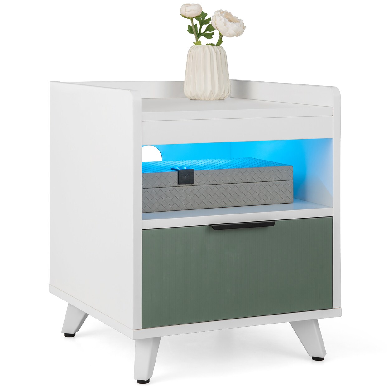 Nightstand Modern Beside End Table W/ Led Lights Open Compartment And Drawer