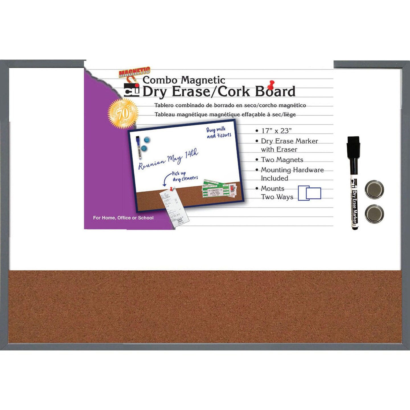 Magnetic Dry Erase Board with Cork Board, 17&#x22; x 23&#x22;, w/Eraser/Marker and 2 Magnets, Gray Frame, 1 Each