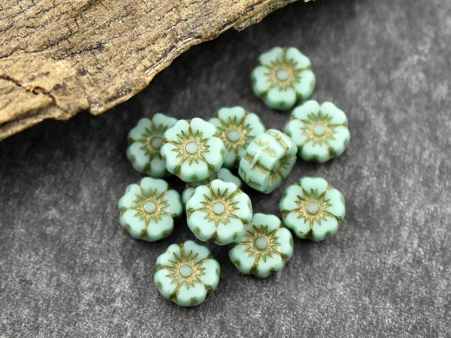 *12* 7mm Dark Bronze Washed Opaque Turquoise Hawaiian Flower Beads