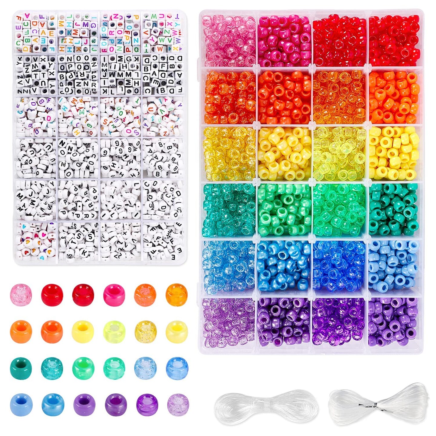 4000Pcs Pony Beads Kit, 2400Pcs Rainbow Kandi Beads And 1600Pcs Letter Beads, 24 Colors Plastic Craft Beads Bulk For Bracelets Jewelry Making With 20M Crystal String And 30M Elastic String