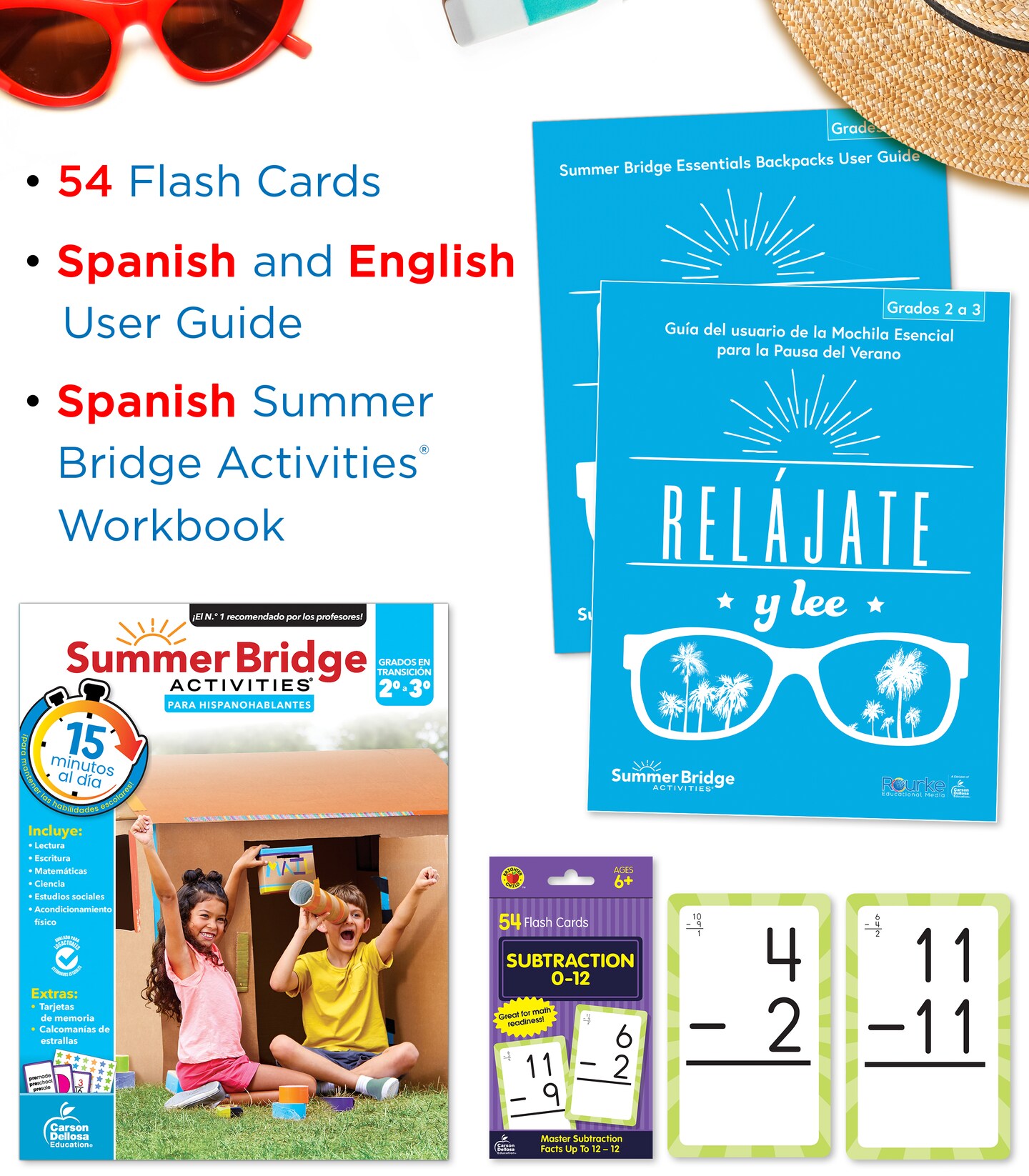 Summer Bridge Activities 2-3 Spanish Summer Learning Resources, Ages 7-8, Spanish Language 2nd Grade to 3rd Grade Workbook All Subjects, Subtraction Flash Cards, 4 Children's Books, Drawstring Bag