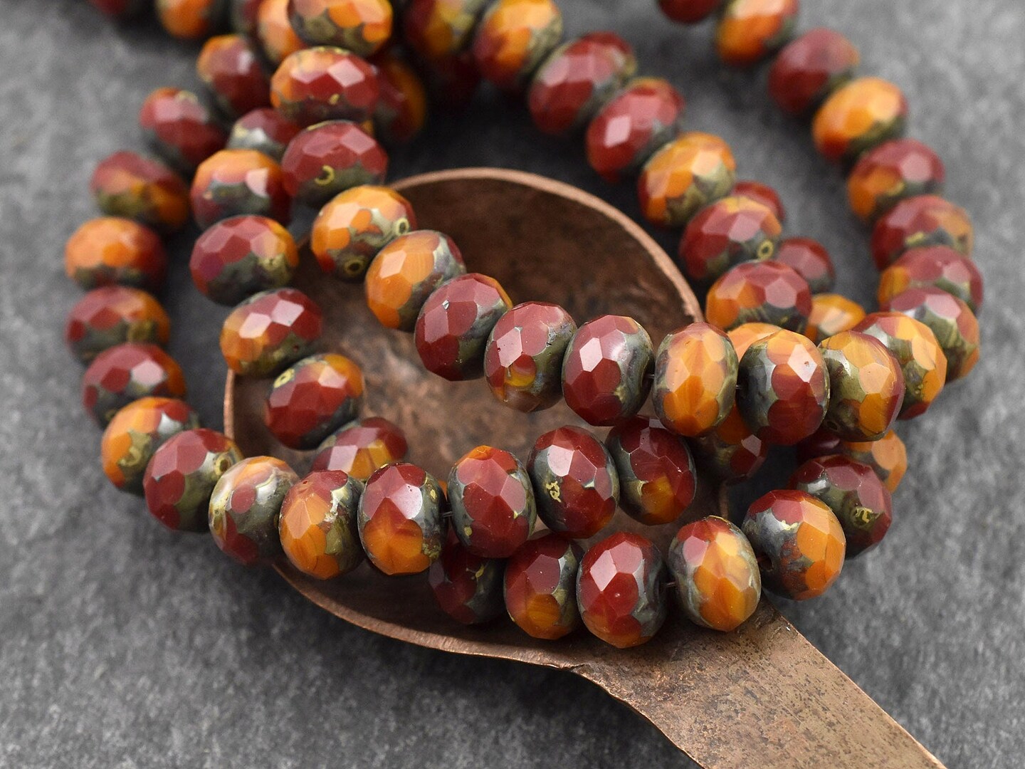 *25* 6x8mm Blended Red &#x26; Orange Opaline Picasso Fire Polished Rondelle Beads