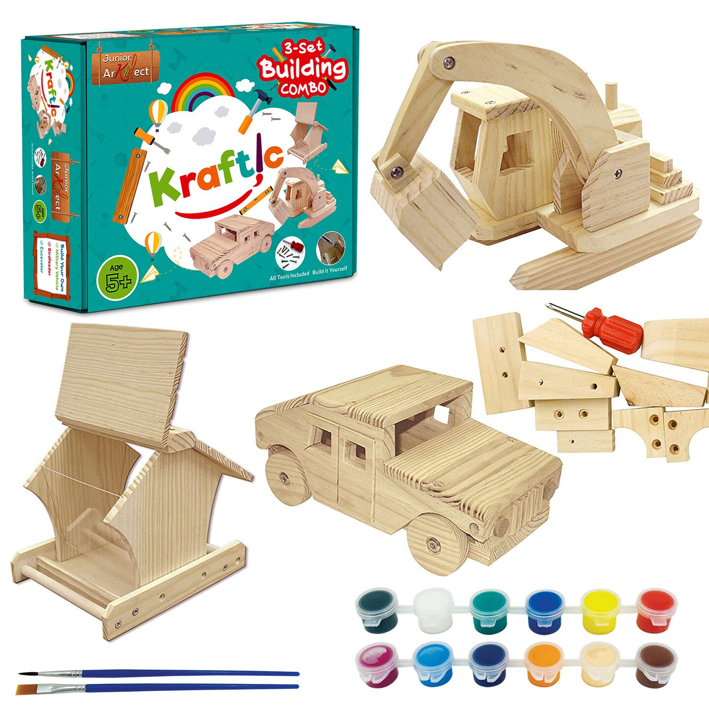 Kraftic Woodworking Building Kit for Kids and Adults, 3 Educational DIY  Carpentry Construction Wood Model Kit STEM Toy Projects for Boys and Girls  