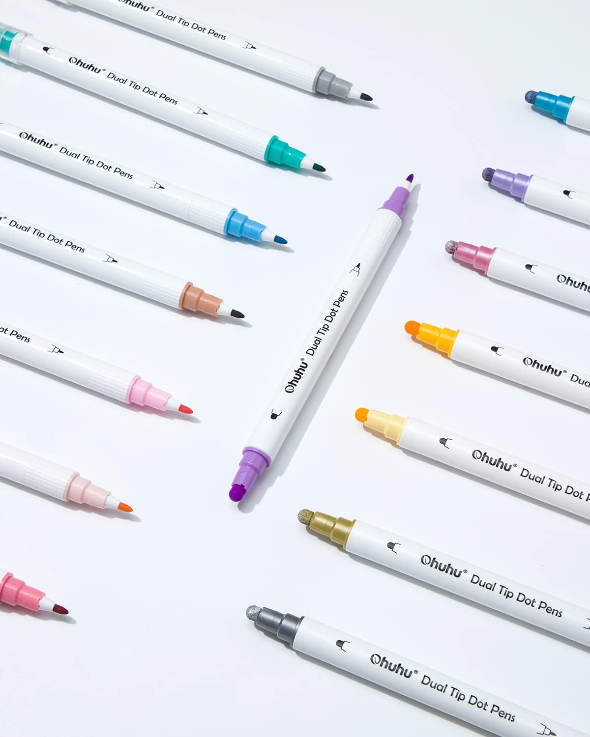 Ohuhu Dual Tip Dot Markers: 15 Colors Dot Marker Pens (Fine & Dot) for Kids Adults Water-Based Ink Metallic & Regular Colors Dot Pens for Journaling Scrapbooking DIY Highlighting Drawing Markers