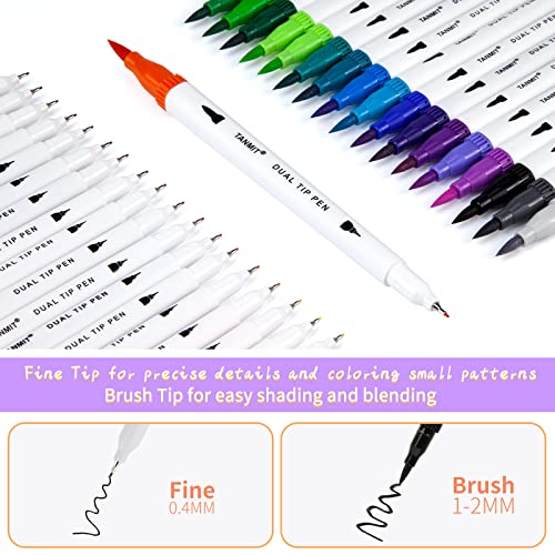 Dual Brush Marker Pens for Coloring Books, Tanmit Fine Tip Coloring Marker & Brush Pen Set for Journaling Note Taking Writing Planning Art Project