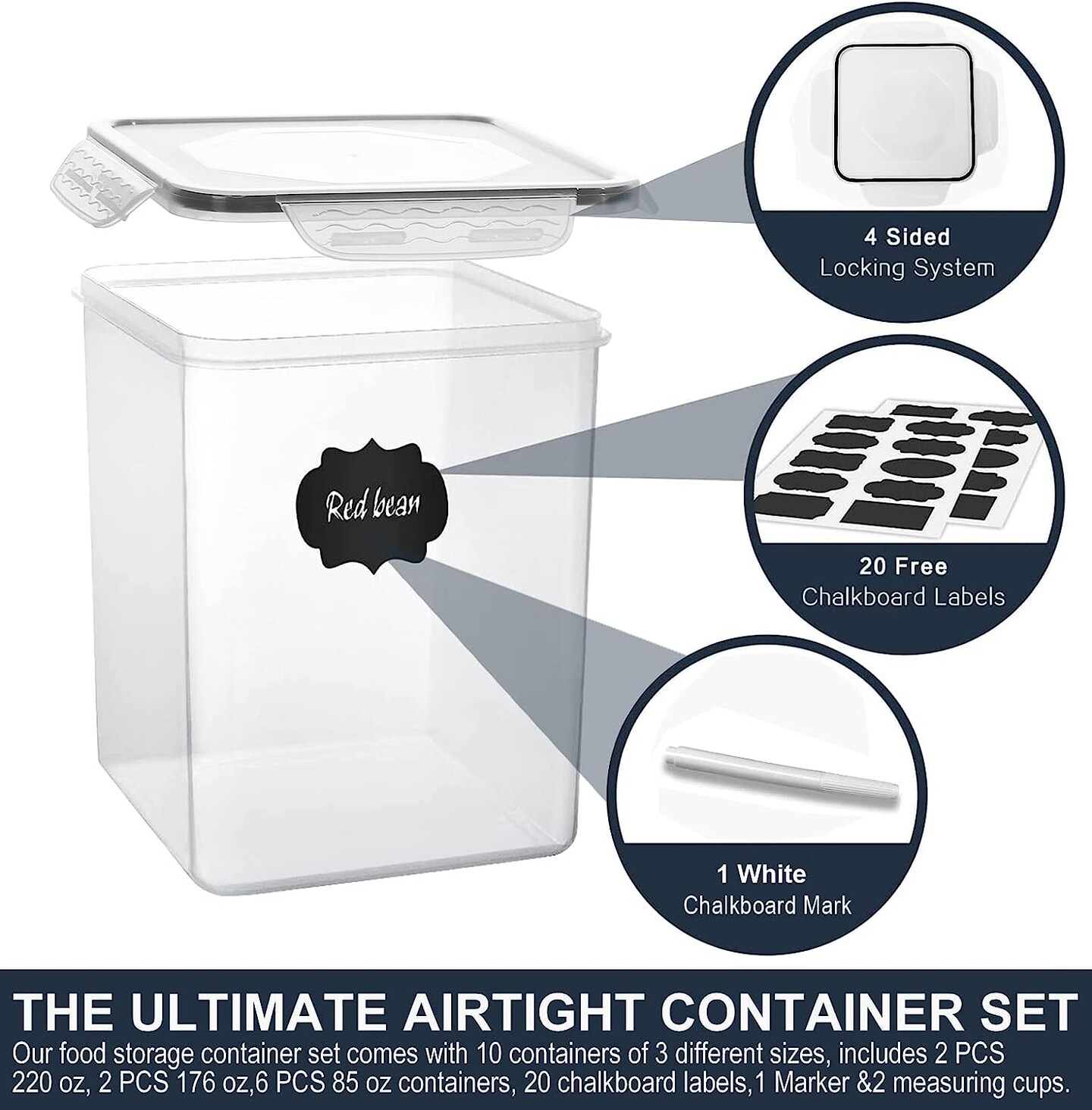 Large Tall Airtight Food Storage Containers, 10 PACK Plastic Airtight Kitchen &#x26; Pantry Organization, Ideal for Flour &#x26; Sugar - BPA-Free Plastic Canisters with Labels